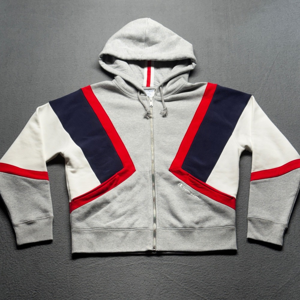 Champion Reverse Weave Colorblock Full Zip Hoodie Large Grey Navy Red White